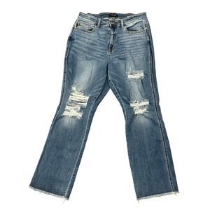 Judy Blue Women 16W Boot Cut Distressed Raw Hem High Rise Blue Jeans